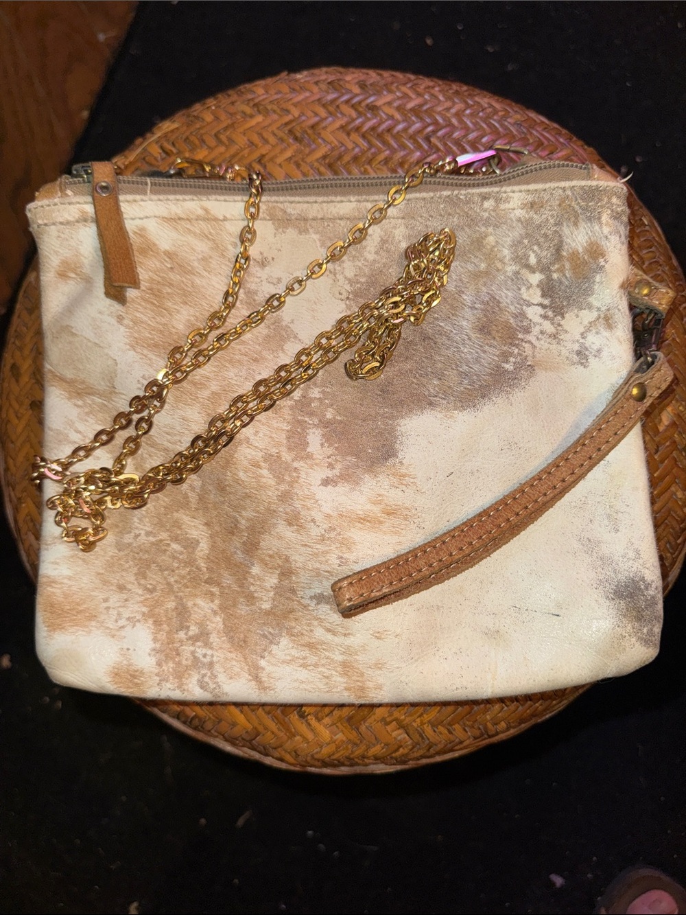Myra Bag Brown and Cream Cowhide Wristlet with Gold Chain Accent crossbody